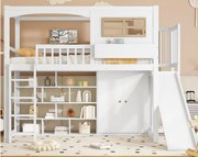 Łóżko mezzanine z drewna i MDF - 90x200 cm - z półkami, szafą i zjeżdżalnią - Białe
