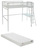Łóżko z antresolą CASUAL II – 140 × 190 cm – blat biurka – kolor biały, w zestawie z materacem
