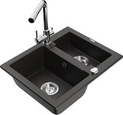 Mexen Carlos zlewozmywak granitowy 1,5-komorowy z baterią kuchenną Duero, czarny/złoty metalik - 6518-75-671600-00