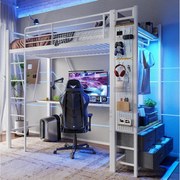 Łóżko piętrowe dla dzieci - 90 x 200 cm - konstrukcja żelazna - z biurkiem + 4 szuflady + diody LED - metalowe - białe