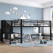 Łóżko piętrowe 90x200 cm, łóżko dziecięce ze schodkami i barierkami, metalowy stelaż - kolor czarny (bez materaca)
