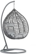 Szare wiszące krzesło KOKON ze stojakiem, biało-szara poduszka