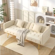 Sofa 2-osobowa rozkładana - 178 x 82 x 70 cm - z regulowanym oparciem i podłokietnikami - welur - beż