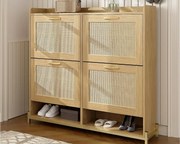 Szafa na buty 108.5x24x100 cm - z 4 frontami z rattanu - Konstrukcja metalowa - MDF - Kolor naturalny