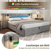 Łóżko ze schowkiem 180 x 200 cm z dużym wezgłowiem i 2 lampkami nocnymi - LED - Aksamit - Szare (bez materaca)