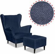 Fotel uszak Bella z podnóżkiem granat welur plusz