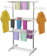 HOMCOM Suszarka na pranie mobilna z kółkami Składana 3 poziomy Wieszak na ubrania Regulowana 80-142x55x152 cm | Aosom PL