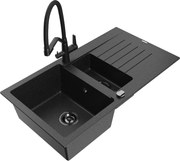 Mexen Matias zlewozmywak granitowy 1,5-komorowy z ociekaczem i baterią kuchenną Duo, czarny/srebrny - 6502-73-671701-70-B