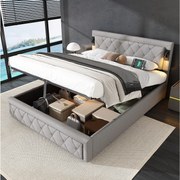 Łóżko 160x200 cm z pojemnikiem - Łóżko podwójne z lampką do czytania i ładowaniem USB - drewniany stelaż z listew - Szary len