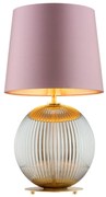 Duża lampa stołowa na stolik nocny do sypialni Hamilton – szkło ryflowane dymione, abażur różowy środek złoty