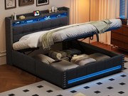 Łóżko z pojemnikiem 160x200cm z lnu - z LED i gniazdem USB - z stelażem na listwy - Szare