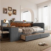 Sofa rozkładana 90x200 cm, szary len, łóżko dla dorosłych z biurkiem i 2 szufladami, port USB - bez materaca