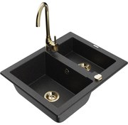 Mexen Carlos zlewozmywak granitowy 1,5-komorowy z baterią kuchenną Telma, czarny/srebrny metalik - 6518-73-670200-50