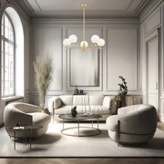 Ekskluzywny żyrandol Paloma 5 – złoty, 5-ramienny, mosiądz szczotkowany, styl Art Deco i Glamour, klosze białe