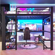 Łóżko piętrowe metalowe dla dzieci - 140 x 200 cm - z oświetleniem LED + półki + biurko + suszarka na ubrania - czarne