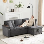 Sofa 3-osobowa z funkcją spania - Narożnik z dwiema poduszkami i podłokietnikiem - ze schowkiem - szara tkanina szenilowa