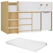 Łóżko piętrowe 90 x 190 cm z biurkiem i schowkami - Naturalny i biały + Materac - SAGITI