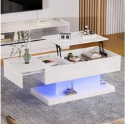 Stolik kawowy z podnoszonym blatem - 100 x 50 x 45 cm - diody LED - płyta wiórowa i metal - połyskujący biały