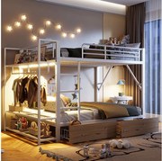 Łóżko piętrowe dla dzieci - 2 x 140 x 200 cm - rama żeliwna - z 2 szufladami + półki + diody LED - metalowe - białe
