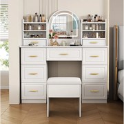 Toaletka z 9 szufladami, lustrem i stołkiem - 120 x 40 x 135 cm - LED - Płyta wiórowa - Biała