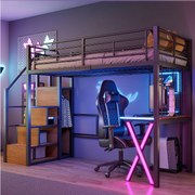 Łóżko antresola 90 x 200 cm z biurkiem, szafą, półkami - Oświetlenie ambientowe - Metal - Czarne (bez materaca)