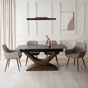 Zestaw Stół Rozkładany Ceramiczny ALICANTE 160-200 cm Czarny/Orzech i 4 Krzesła Tapicerowane EDRICK Brązowe