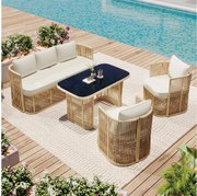 Zestaw mebli ogrodowych z rattanu PE, 5 elementów - z sofą 3-osobową + 2 fotelami + szklanym stolikiem + poduszkami - metalowy - beżowy