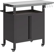 Outsunny Wózek Grillowy 3-Poziomy z Powierzchnią Roboczą Szafką Haczykami i Kołami 116x50x93cm Czarny