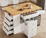 Centralna wyspa kuchenna - Blat rozsuwany - 140x70x89cm - 3 drzwi i 6 szuflad - z taboretami - MDF - Biały