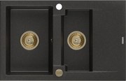 Mexen Gaspar zlewozmywak granitowy 1,5-komorowy z ociekaczem 737 x 475 mm, czarny/złoty metalik, syfon złoty - 6507731505-75-G