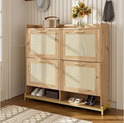 Szafka na buty z 4 drzwiami rattanowymi - 108,5 x 24 x 100 cm - rama metalowa - MDF - naturalna