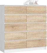 Komoda AKORD K120 Biała 120 cm 10 szuflad kolor Dąb Sonoma mat 120x40x121 cm