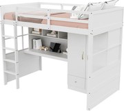 Łóżko mezzanine 90x200 cm - z drabinką - z biurkiem - z szafą - 2 szuflady - biały (materac nie jest w zestawie)