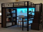 Łóżko na antresoli 140x200 cm - z biurkiem + przegródkami do przechowywania - z taśmą LED - z drabiną - Czarny​ (materac nie jest wliczony w cenę)