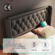 Łóżko tapicerowane podwójne ze schowkiem - 160 x 200 cm - Materac + Leds + Zagłówek z USB - Skóra PU - Czarny