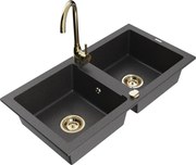 Mexen Mario zlewozmywak granitowy 2-komorowy z baterią kuchenną Telma, czarny nakrapiany - 6504-76-670200-50