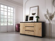 Komoda: Czarny Mat / Dąb Wotan, 140 x 78 x 39 cm, 3 szuflady, 2 drzwi