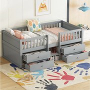 Łóżko dziecięce 90 x 200 cm z 4 szufladami - Drewno sosnowe + MDF - Stelaż listwowy - Szary (bez materaca)