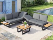 Zestaw mebli ogrodowych - 6 miejsc - ze stali ocynkowanej - narożna sofa - z stolikiem kawowym - blatem z drewna plastikowego - Szary