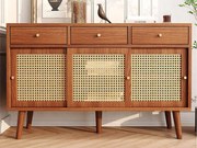 Bufet z 3 szufladami i 3 drzwiami przesuwnymi z plecionki rattanowej - półki regulowane - Brązowy