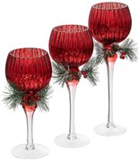 Szklany świecznik ze świąteczną gałązką, 3 sztuki