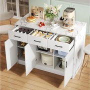 Wyspa kuchenna z 3 drzwiami i 3 szufladami - 112 x 60 x 90,5 cm - Blat z efektem marmuru - Drewno MDF - Biały