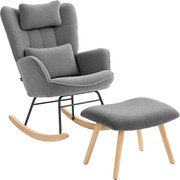 HOMCOM Fotel bujany z podnóżkiem, miękkie pokrycie polarowe, drewniane nogi, poduszka, wysokie oparcie, fotel bujany, ciemnoszary