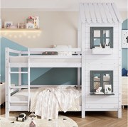 Łóżko piętrowe dwuosobowe - 2 x 90 x 200 cm - ze schodami, oknem i stelażem - drewno + MDF - białe