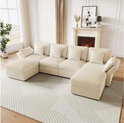 Narożnik U-kształtny 6-osobowy - 290 x 159,5 x 89 cm - z regulowanymi podłokietnikami + wyjmowany puf - aksamit - beżowy