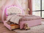 Łóżko tapicerowane 140x200cm w skórze ekologicznej - z LED + 2 szuflady i łóżko wysuwane 90x190cm - Różowe