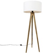 Rustykalna lampa stojąca na trójnogu z drewnianą podstawą vintage z białym kloszem 50 cm - Tripod Classic