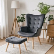 Fotel Wypoczynkowy Uszak LOZANO Z Podnóżkiem Szary Welurowy Nowoczesny