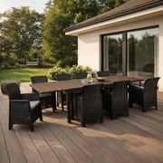 Zestaw Mebli Ogrodowych Stół ARGOS 160-260 cm Orzech/Czarny i 8x Fotel FRESNO Czarny Technorattan Nowoczesny