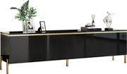 Nowoczesna, błyszcząca szafka pod TV - 170 x 38 x 50 cm - z 4 drzwiami i złotymi krawędziami - płyta wiórowa - czarna